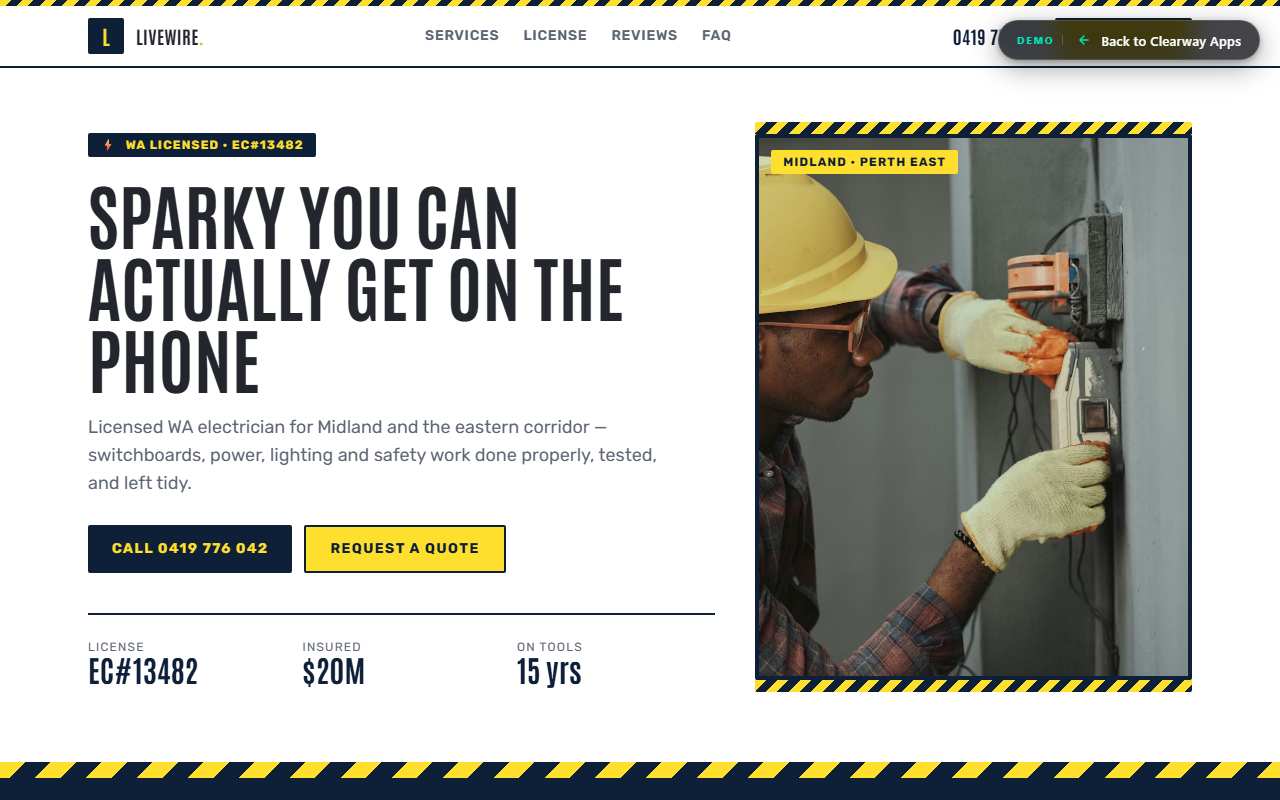 Livewire Domestic Electrical, Electrician template demo